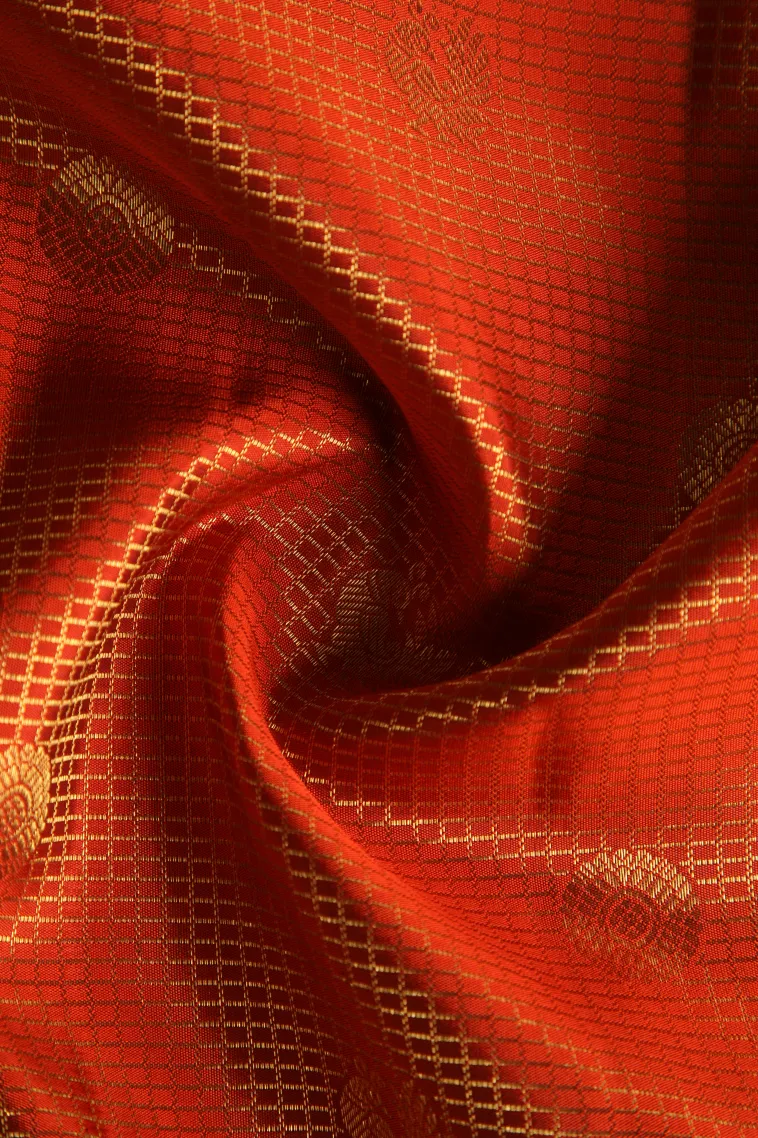 Fire Orange Kanchipuram Silk Sarees with Gold Zari Checks And Puttas view 4