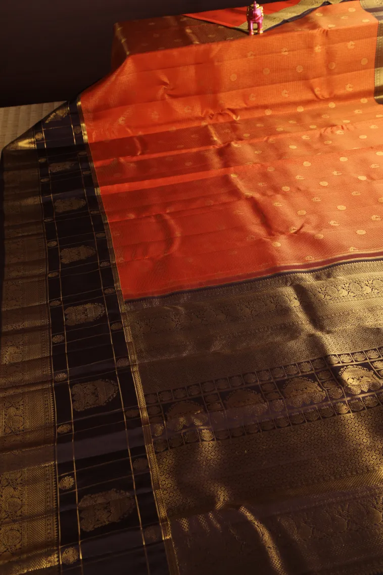 Fire Orange Kanchipuram Silk Sarees with Gold Zari Checks And Puttas view 2