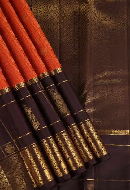 Fire Orange Kanchipuram Silk Sarees with Gold Zari Checks And Puttas
