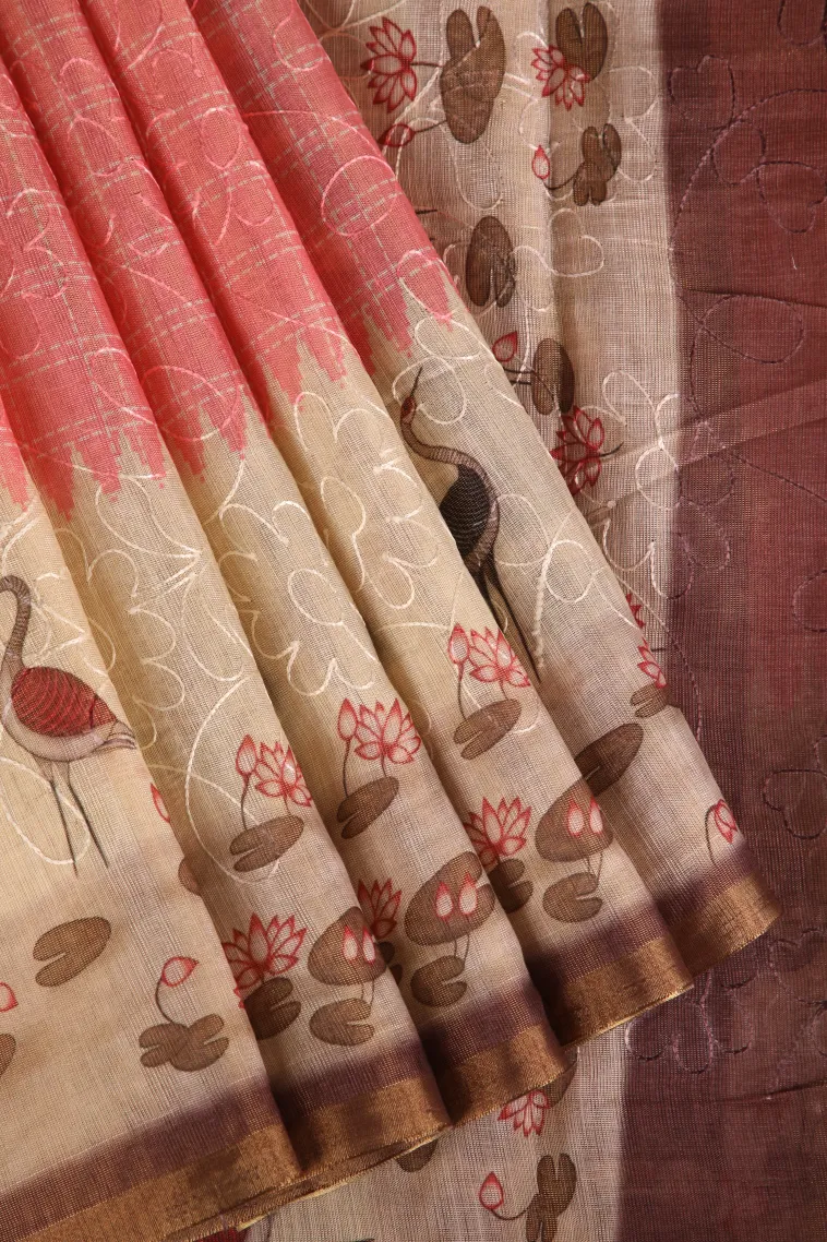 Peach Pink Linen Saree Without Zari With Embroidary