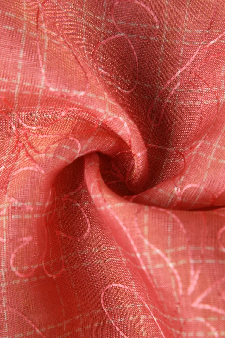 Peach Pink Linen Saree Without Zari With Embroidary view 4