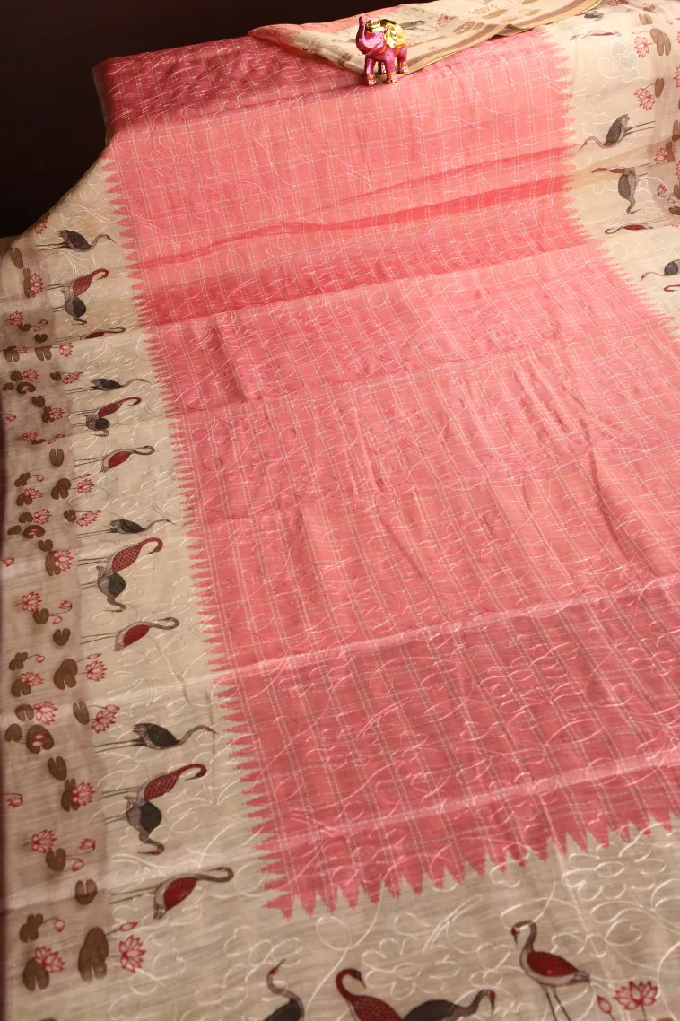 Peach Pink Linen Saree Without Zari With Embroidary view 2