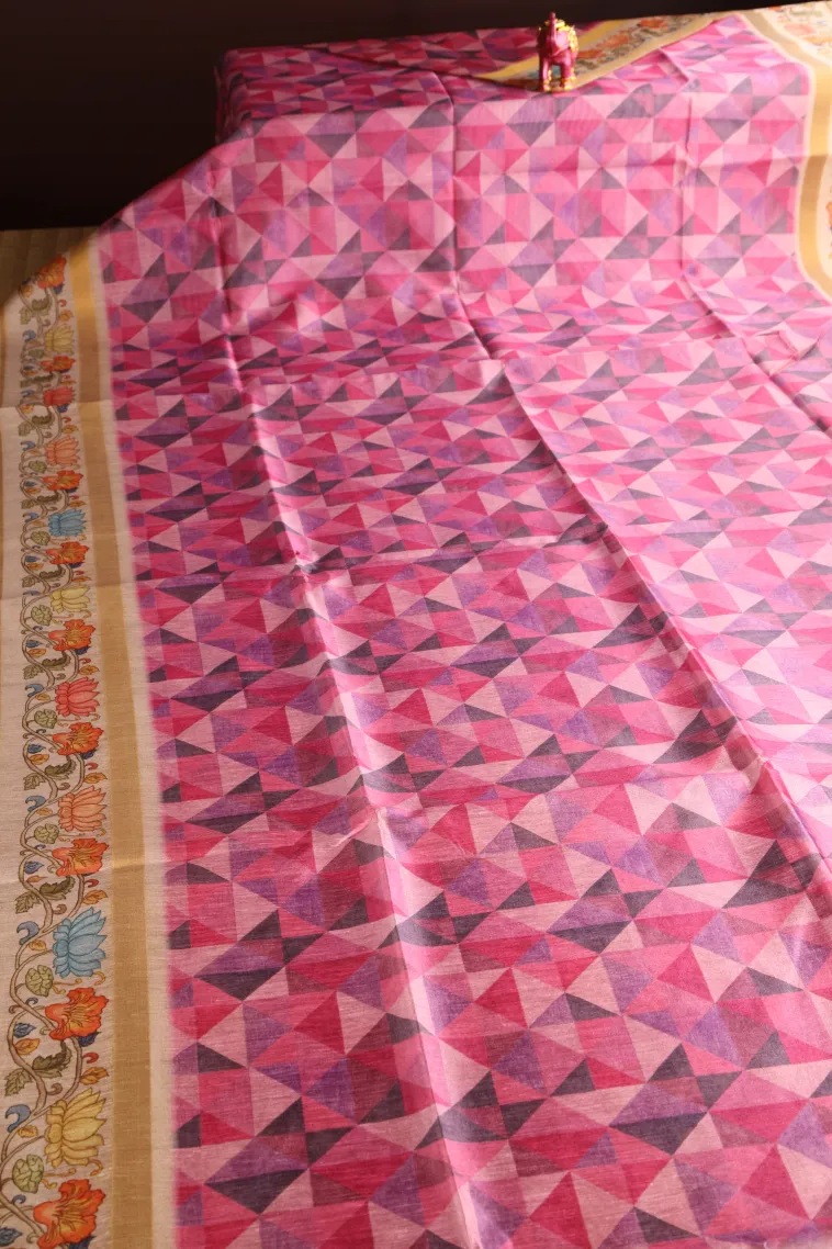 Lean Pink Jute Sarees Without Zari With Geometric Shapes view 2