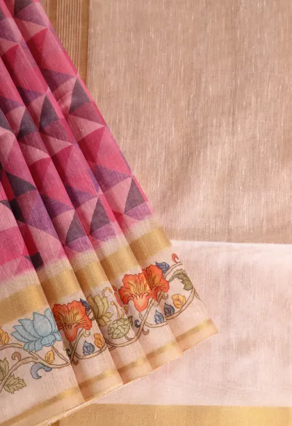 Lean Pink Jute Sarees Without Zari With Geometric Shapes
