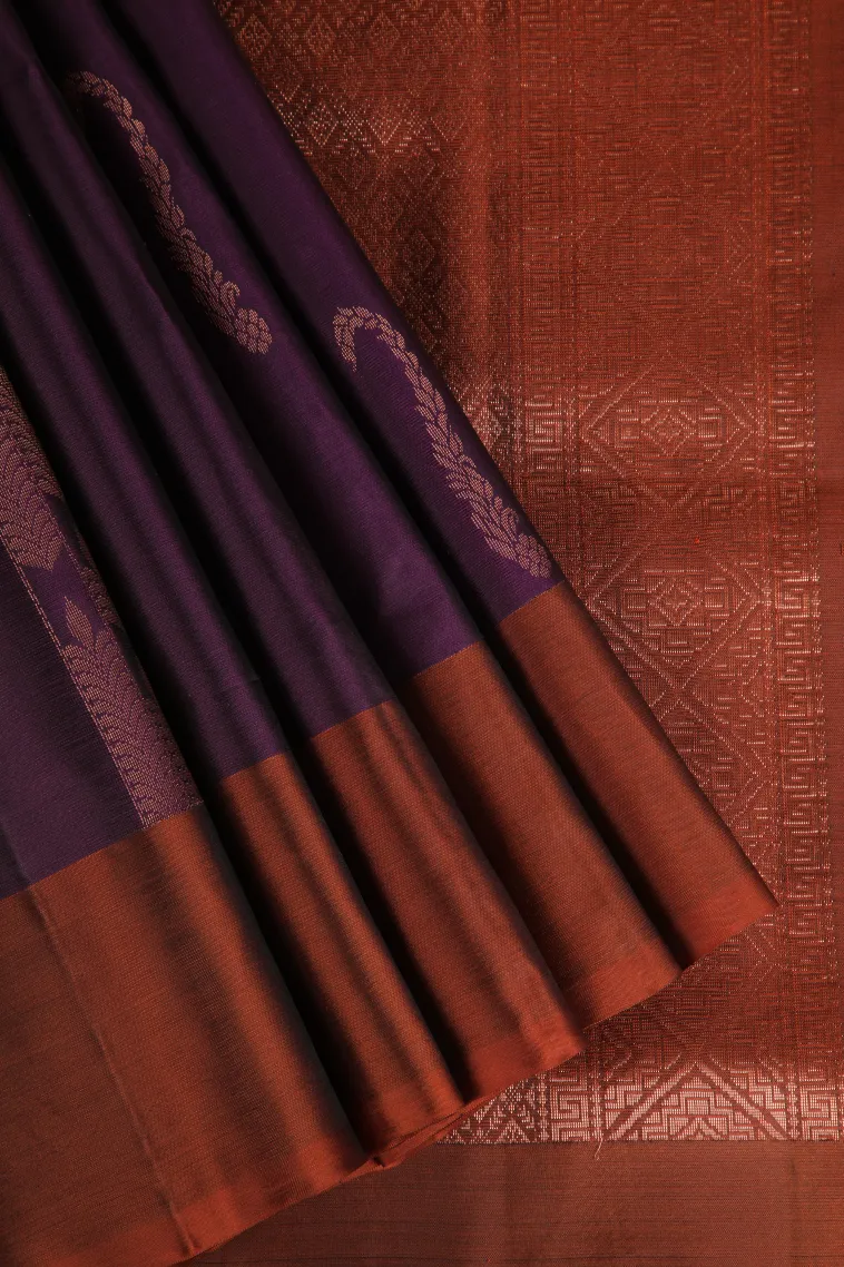 Grape Purple Soft Silk Saree with Copper Zari Straipes And Puttas