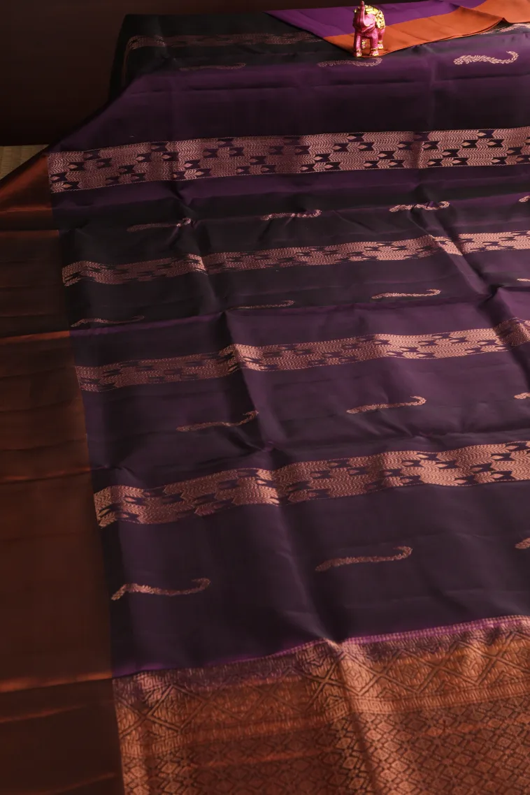 Grape Purple Soft Silk Saree with Copper Zari Straipes And Puttas view 2