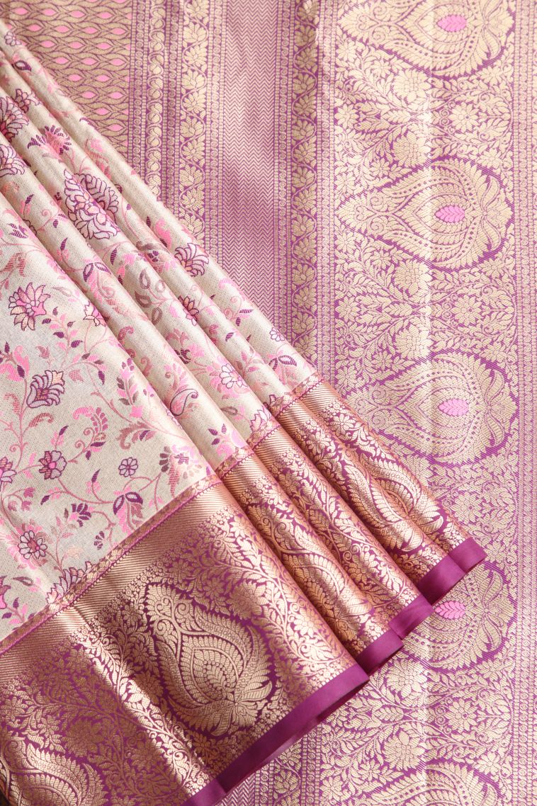 Vanilla Custard Yellow Apoorva Silk Sarees with Copper Zari Floral Patterns
