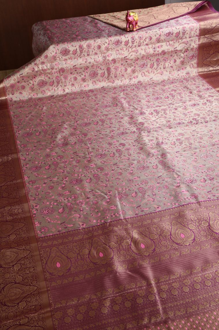 Vanilla Custard Yellow Apoorva Silk Sarees with Copper Zari Floral Patterns view 2
