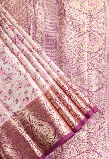 Vanilla Custard Yellow Apoorva Silk Sarees with Copper Zari Floral Patterns