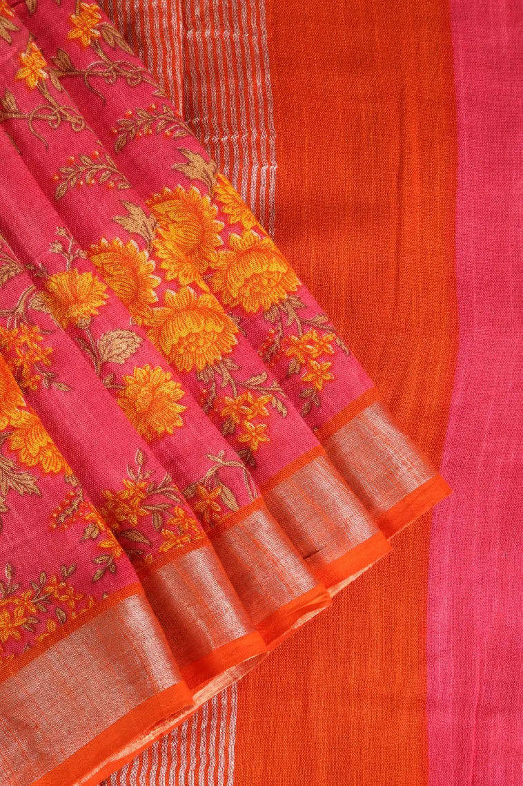 Punch Pink Linen Saree with Silver Zari Floral Patterns