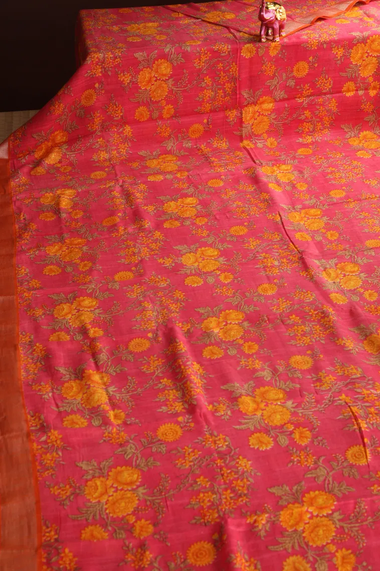 Punch Pink Linen Saree with Silver Zari Floral Patterns view 2