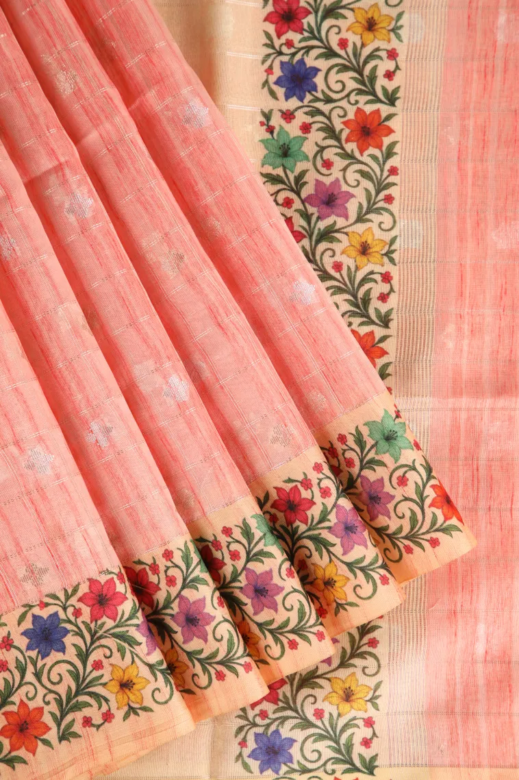 Peach Pink Raw Silk Sarees with Gold And Silver Zari Checks And Puttas