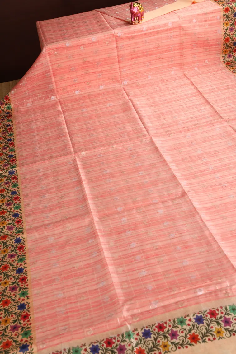 Peach Pink Raw Silk Sarees with Gold And Silver Zari Checks And Puttas view 2