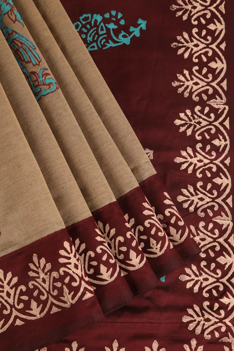 Tortilla Brown Poly Cotton Sarees Without Zari With Floral Puttas