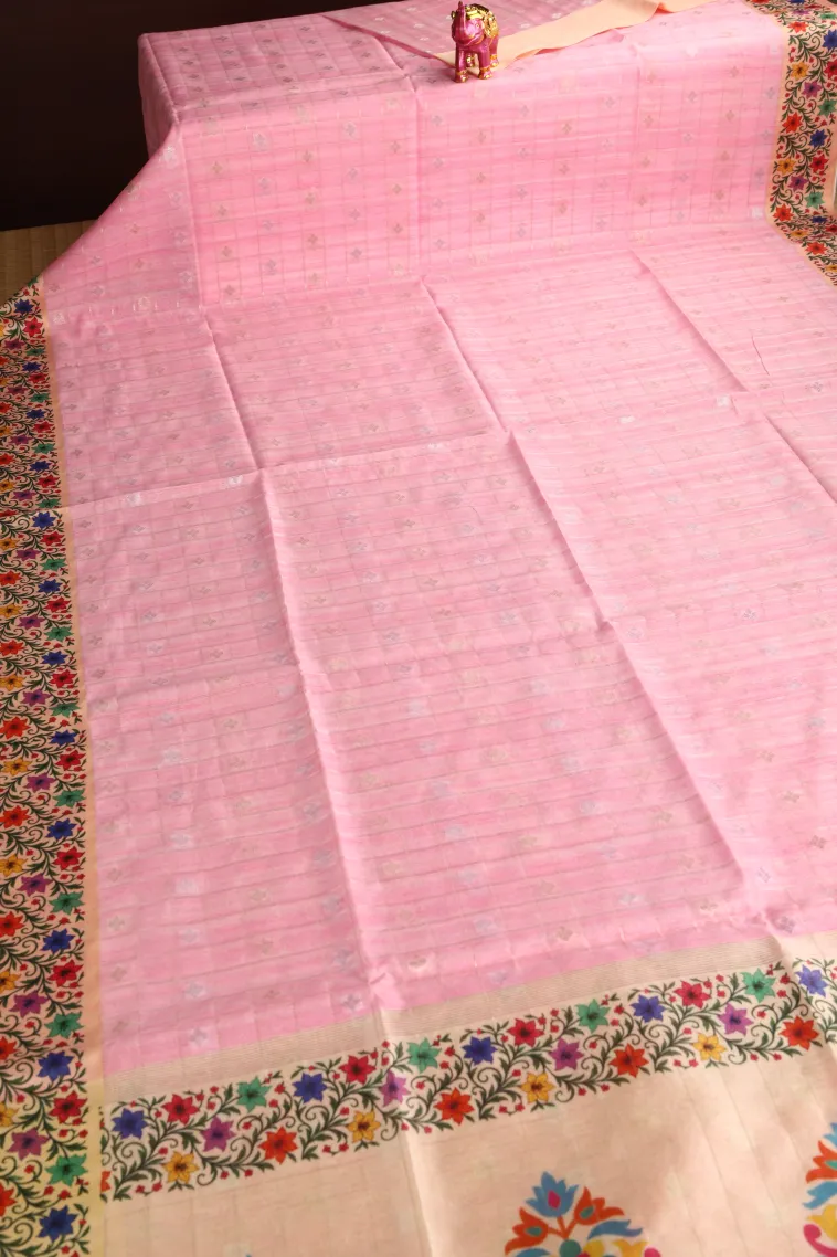 Lemonade Pink Raw Silk Sarees with Gold And Silver Zari Checks And Puttas view 2