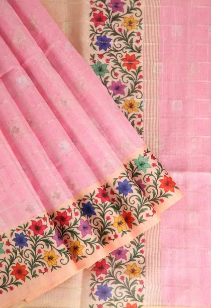Lemonade Pink Raw Silk Sarees with Gold And Silver Zari Checks And Puttas