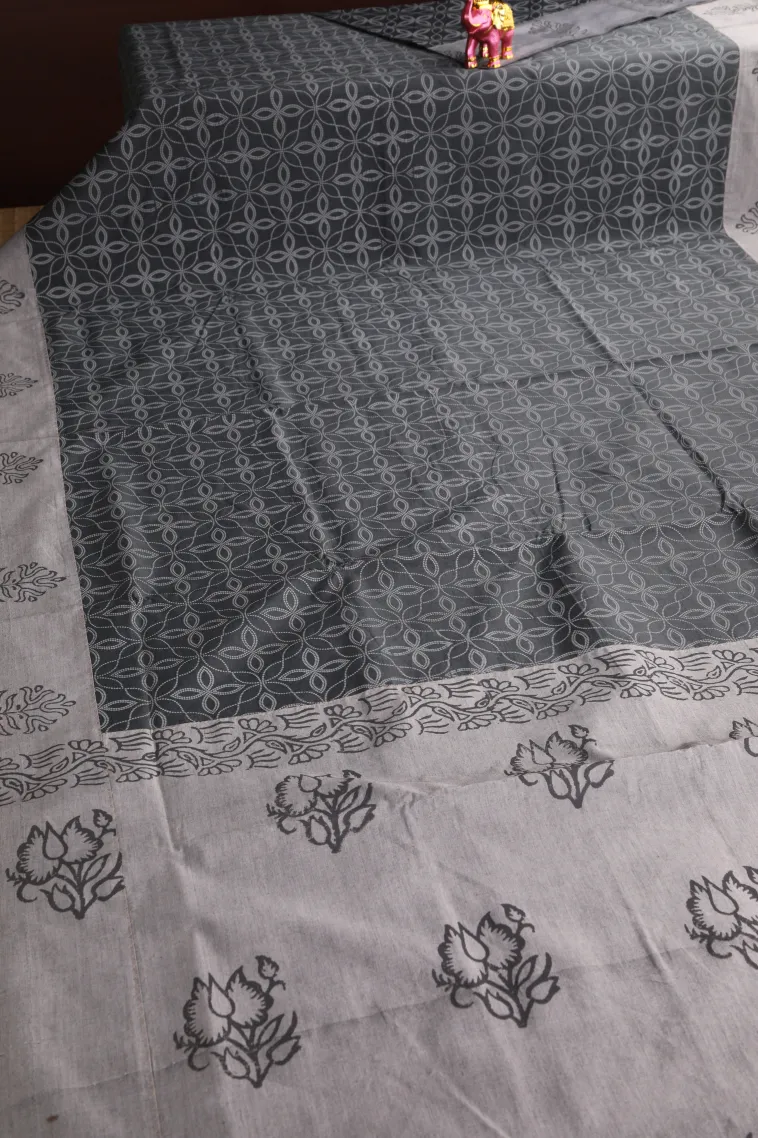 Charcoal Black Poly Cotton Sarees Without Zari With Floral Patterns view 2