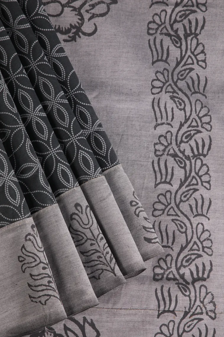 Charcoal Black Poly Cotton Sarees Without Zari With Floral Patterns view 1