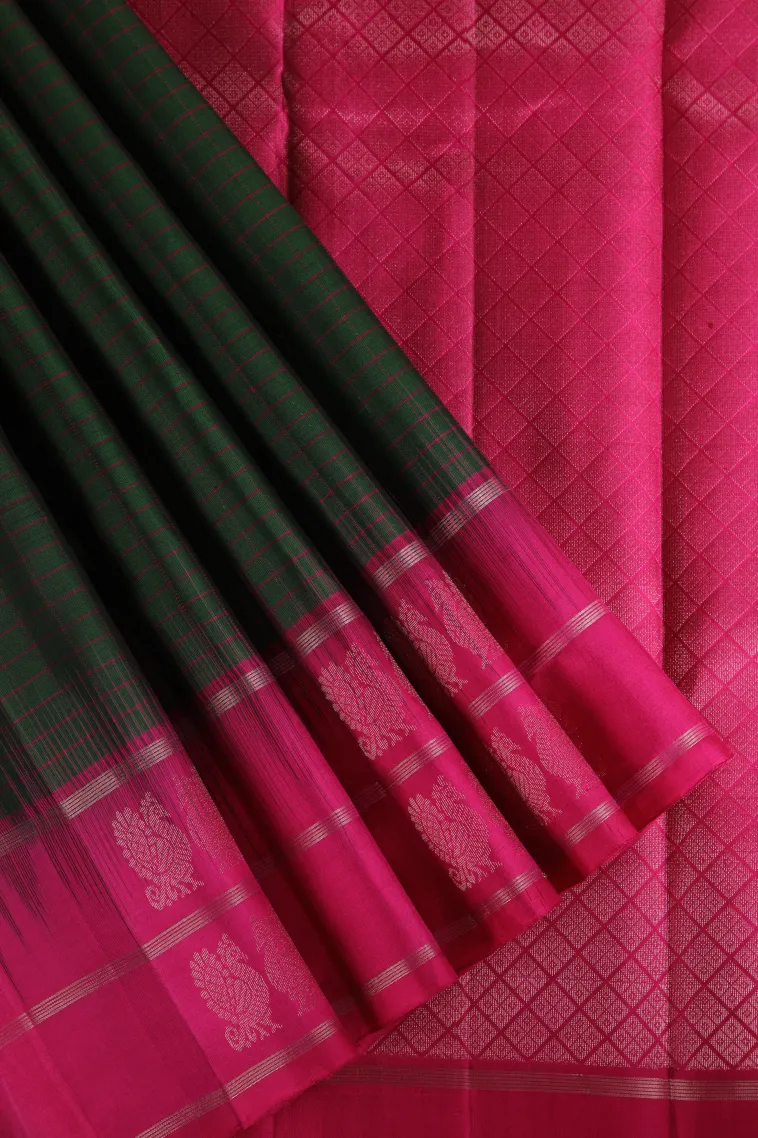Bottle Green Soft Silk Saree with Silver Zari Checks