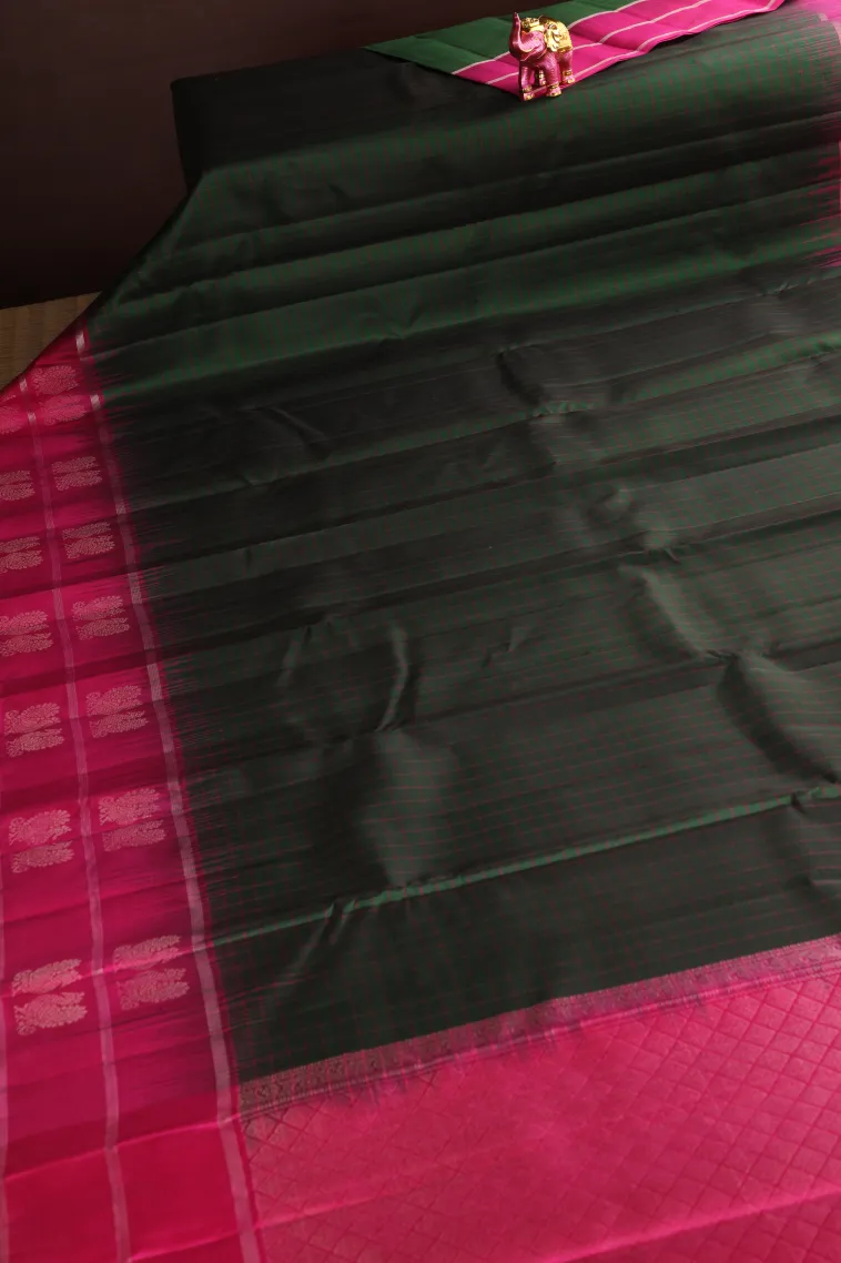 Bottle Green Soft Silk Saree with Silver Zari Checks view 2