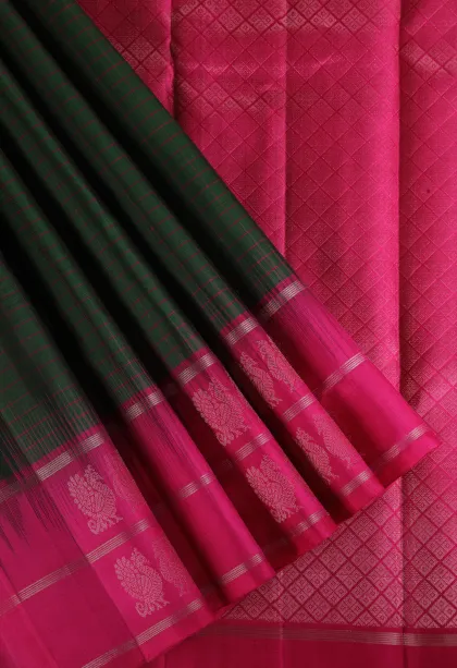 Bottle Green Soft Silk Saree with Silver Zari Checks