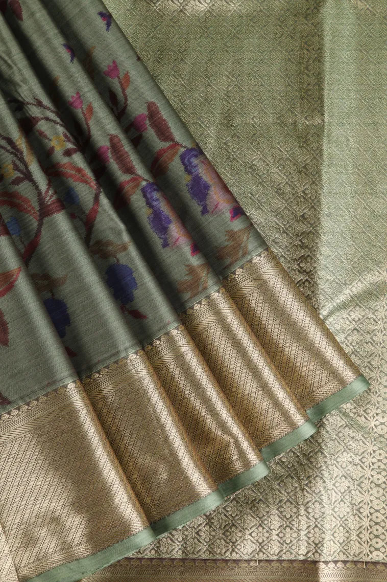 Pistachio Green Soft Silk Sarees with Bronze Zari Floral Patterns