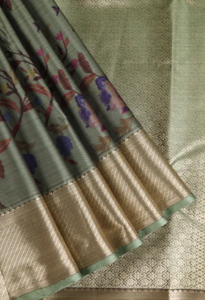 Pistachio Green Soft Silk Sarees with Bronze Zari Floral Patterns
