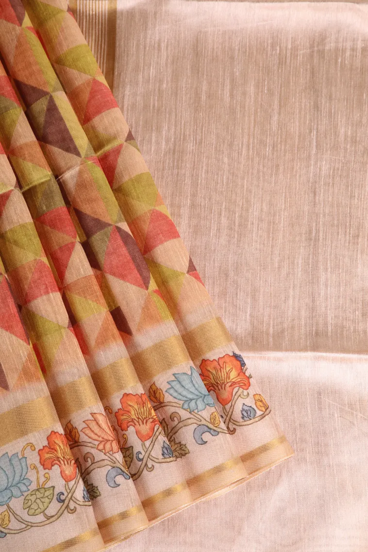 Salmon Pink Jute Sarees Without Zari With Geometric Shapes