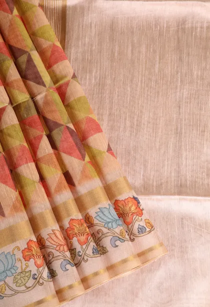 Salmon Pink Jute Sarees Without Zari With Geometric Shapes