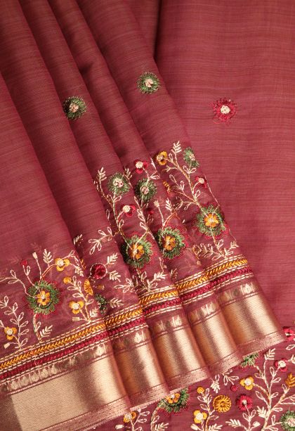 Apple Red Chanderi Cotton Sarees Gold Zari with Floral Puttas Embroidary