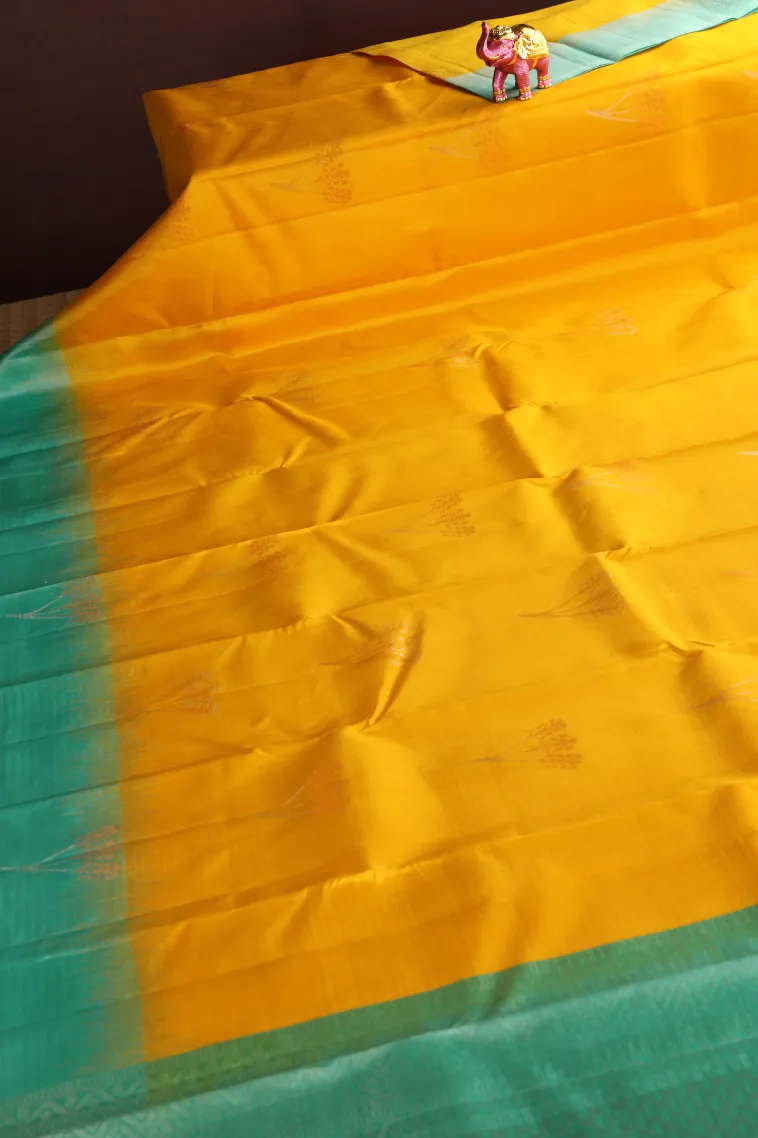 Lemon Yellow Soft Silk Saree with Copper And Silver Zari Tree Mottif view 2