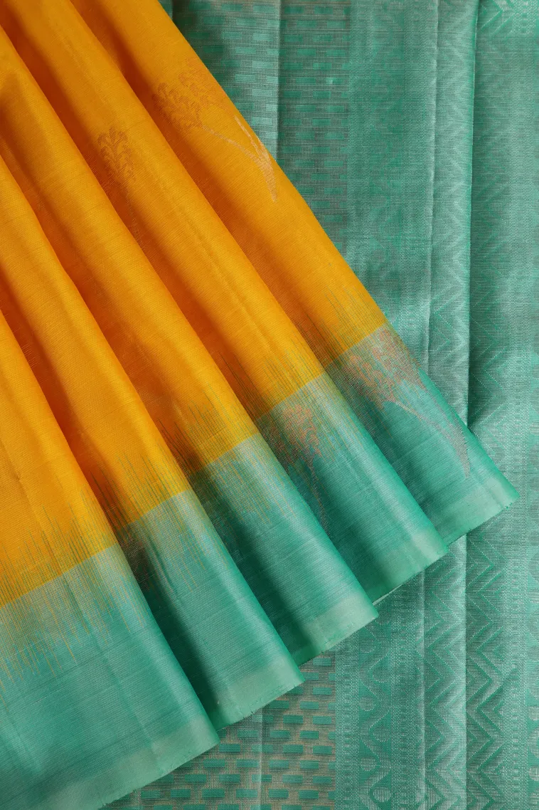 Lemon Yellow Soft Silk Saree with Copper And Silver Zari Tree Mottif