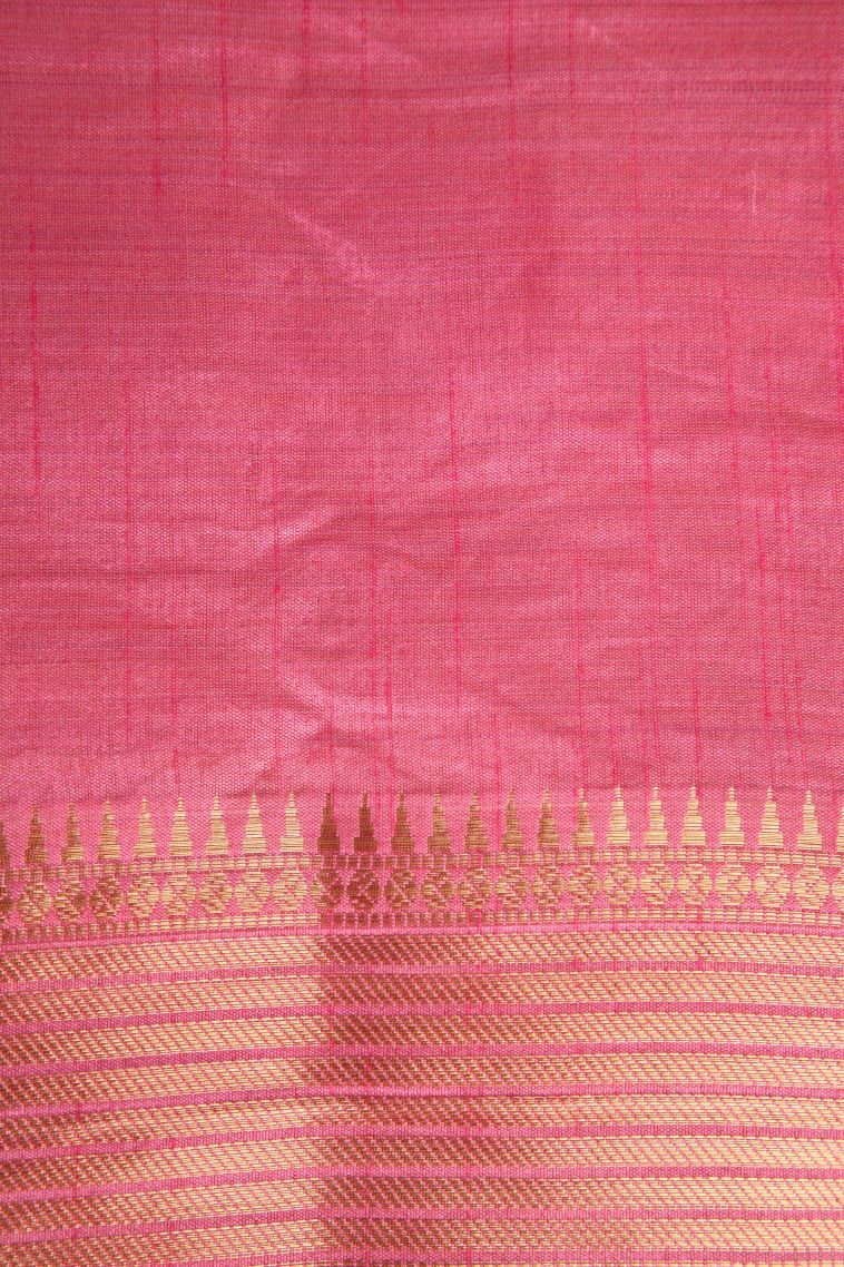 Rouge Pink Semi Raw Silk Printed Gold Zari with Floral Patterns view 3