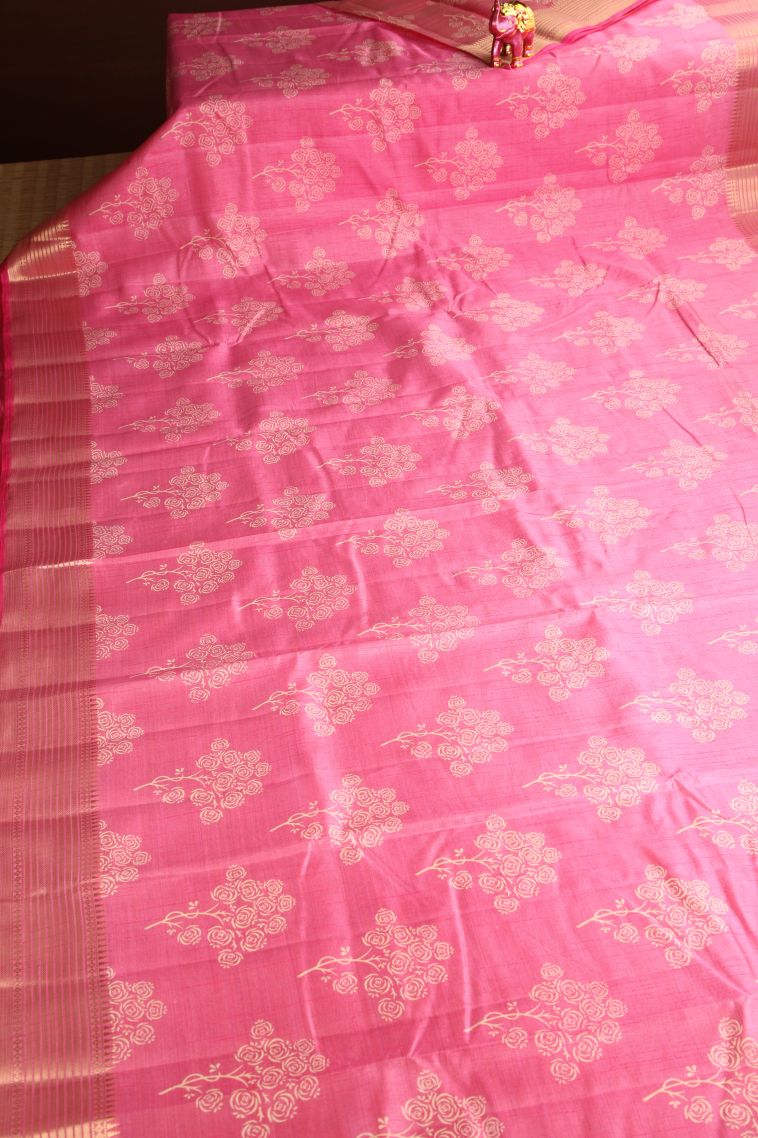 Rouge Pink Semi Raw Silk Printed Gold Zari with Floral Patterns view 2