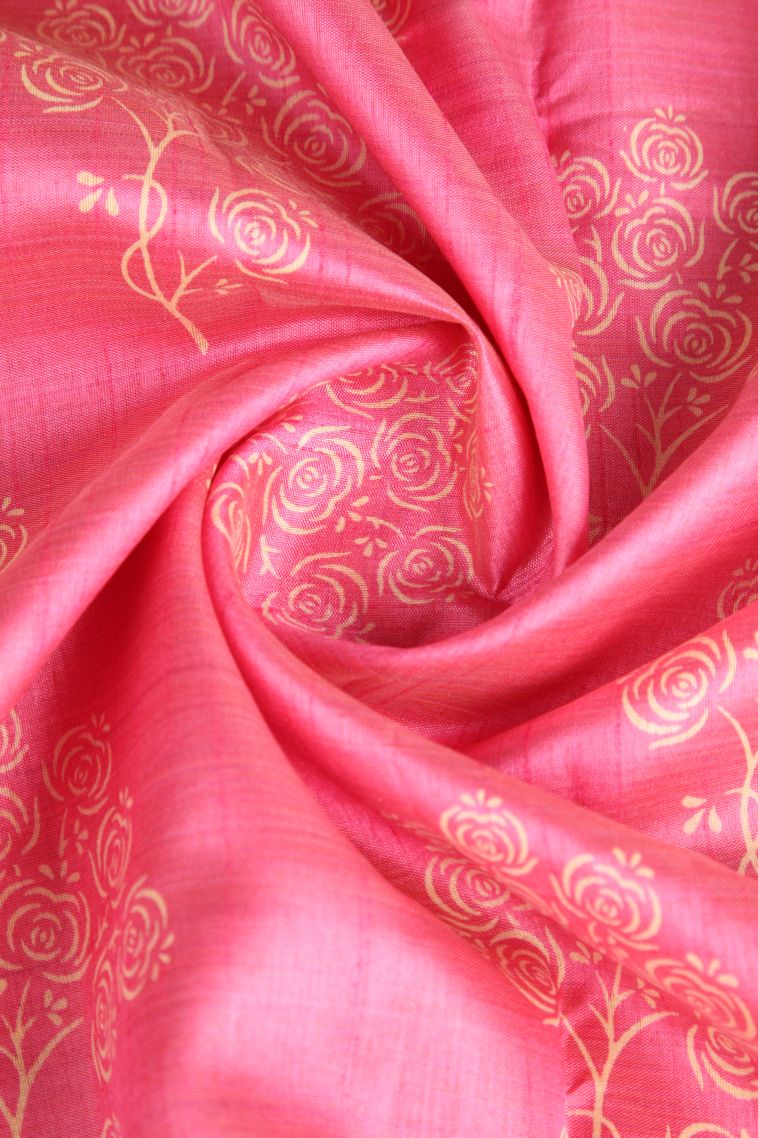 Rouge Pink Semi Raw Silk Printed Gold Zari with Floral Patterns view 4