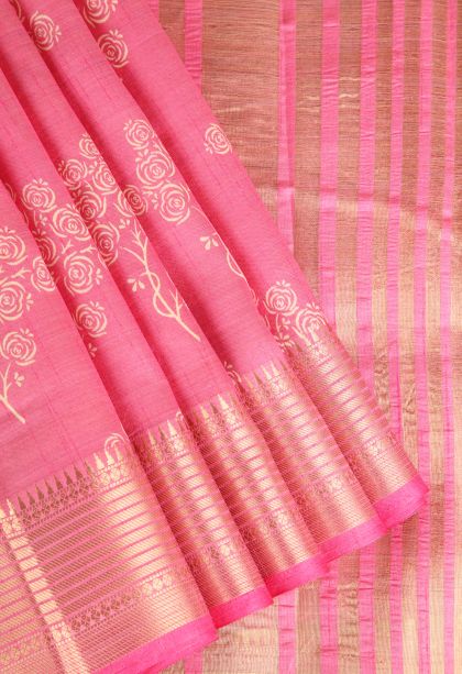 Rouge Pink Semi Raw Silk Printed Gold Zari with Floral Patterns