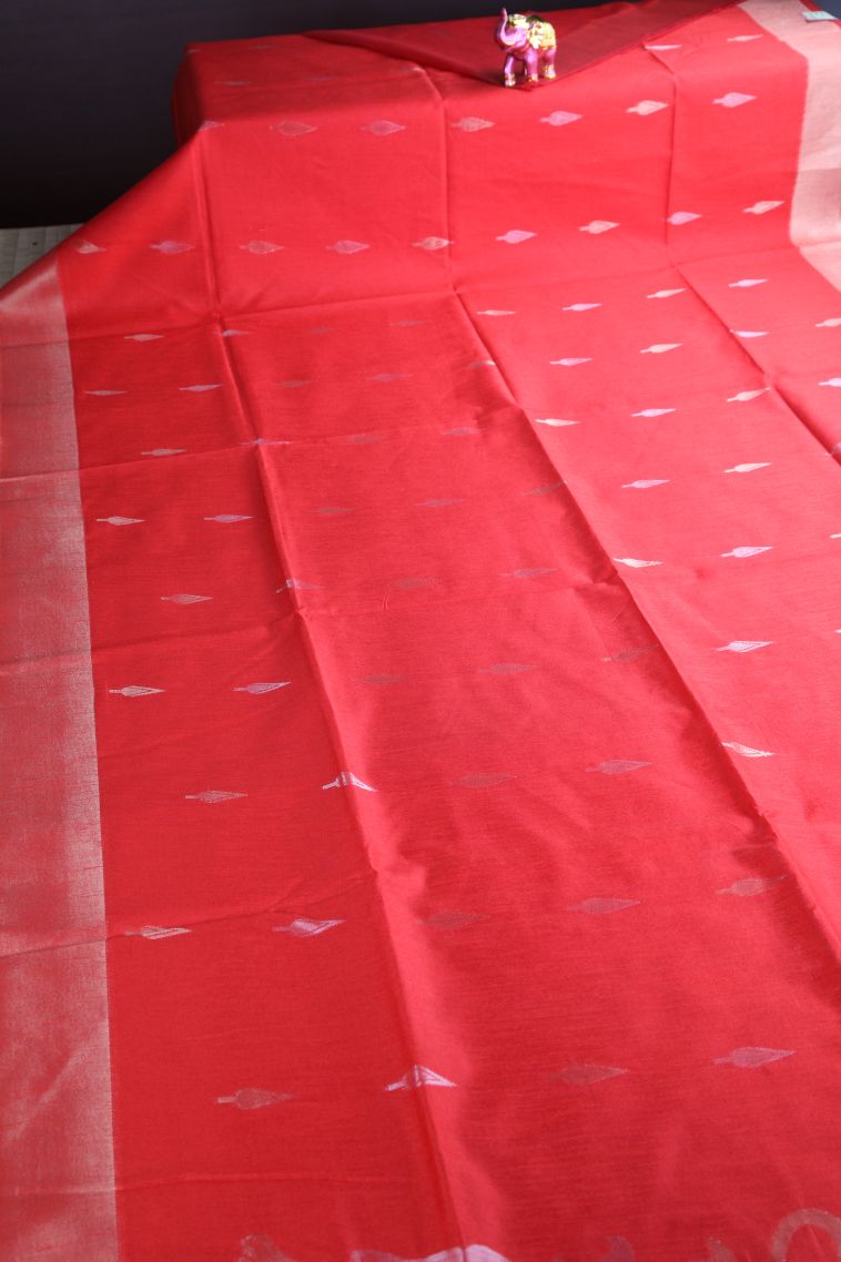 Candy Red Raw Silk Sarees with Copper Zari Puttas view 2