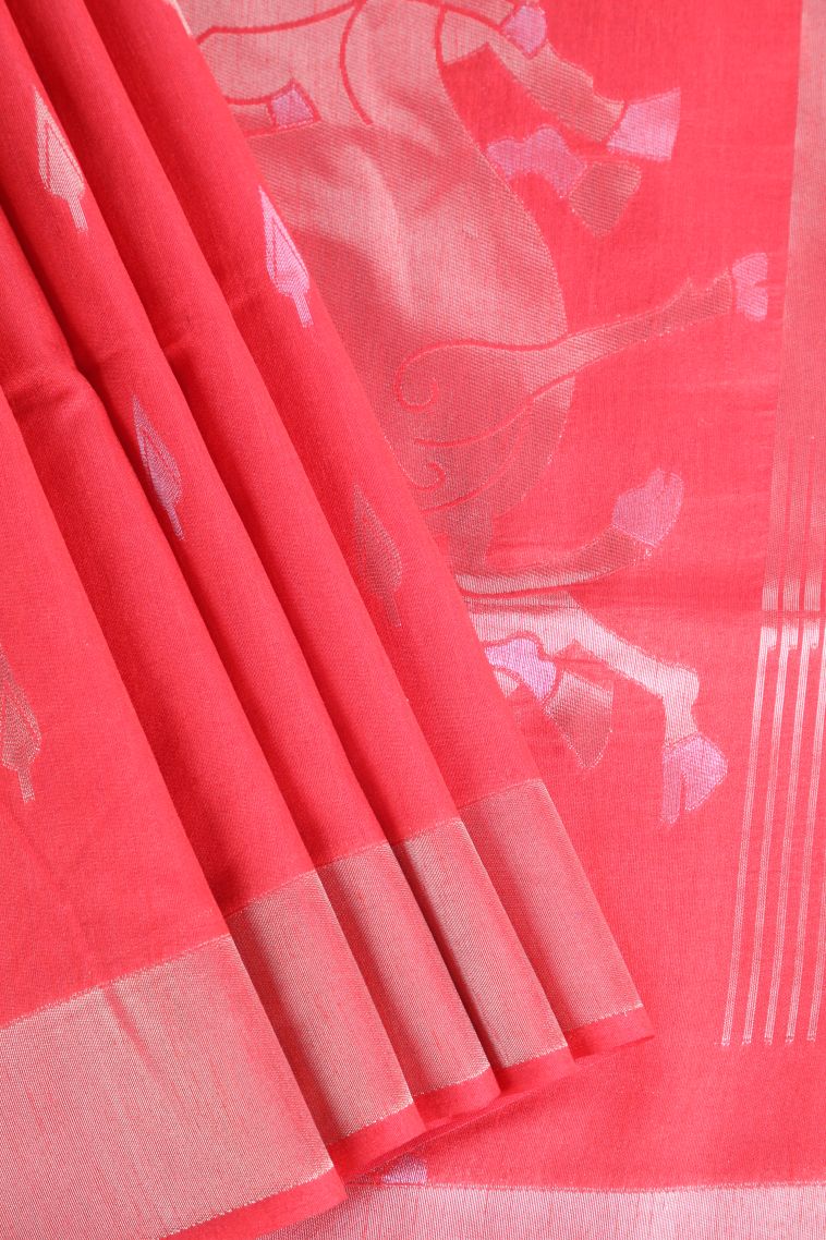 Candy Red Raw Silk Sarees with Copper Zari Puttas