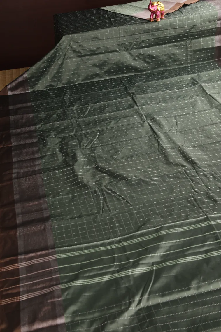 Pistachio Green Arani Silk Sarees with Silver Zari Checks view 2