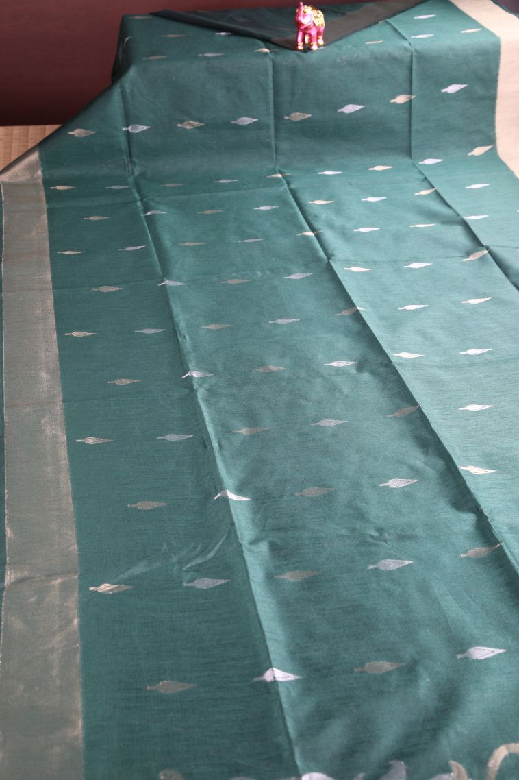 Bottle Green Raw Silk Sarees with Copper Zari Puttas view 2