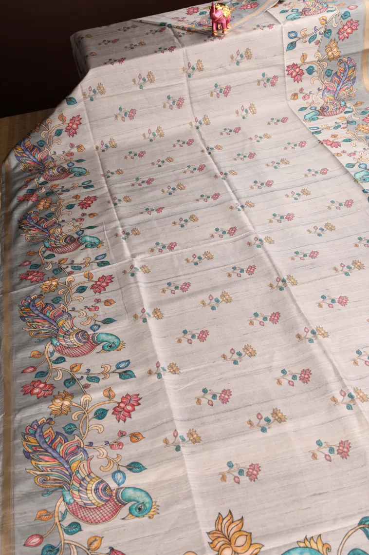 Gray Black Jute Sarees Without Zari With Floral Patterns view 2