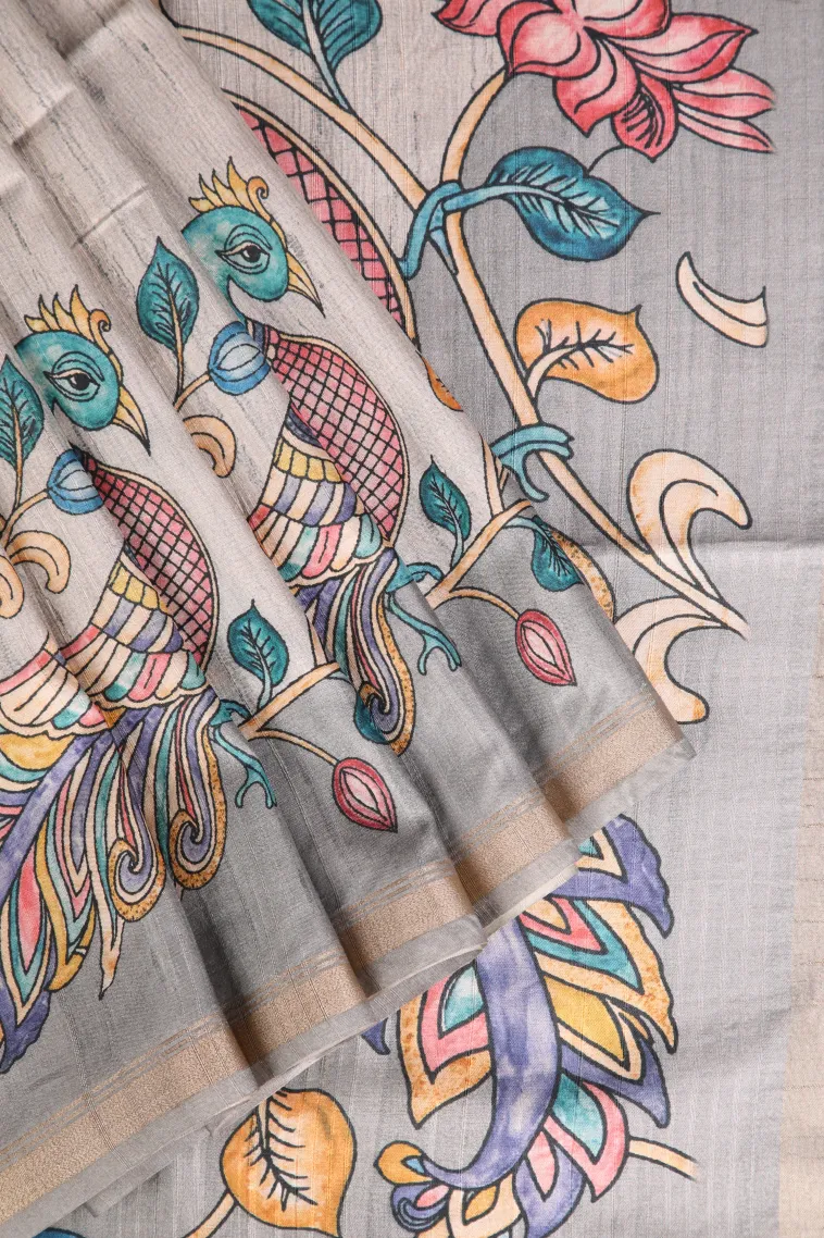 Gray Black Jute Sarees Without Zari With Floral Patterns