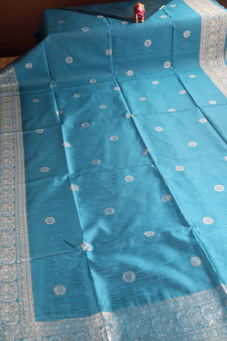 Cerulean Blue Raw Silk Sarees with Gold And Silver Zari Puttas view 2
