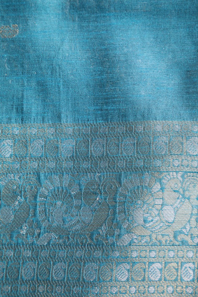 Cerulean Blue Raw Silk Sarees with Gold And Silver Zari Puttas view 3