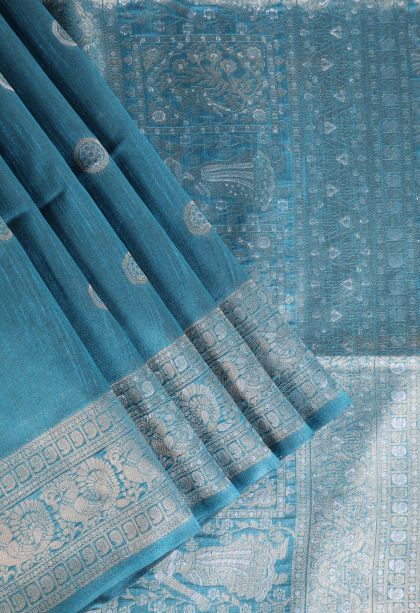 Cerulean Blue Raw Silk Sarees with Gold And Silver Zari Puttas