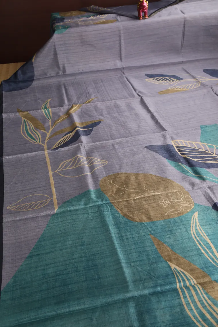 Slate Blue Raw Silk Sarees Without Zari With Floral Patterns view 2
