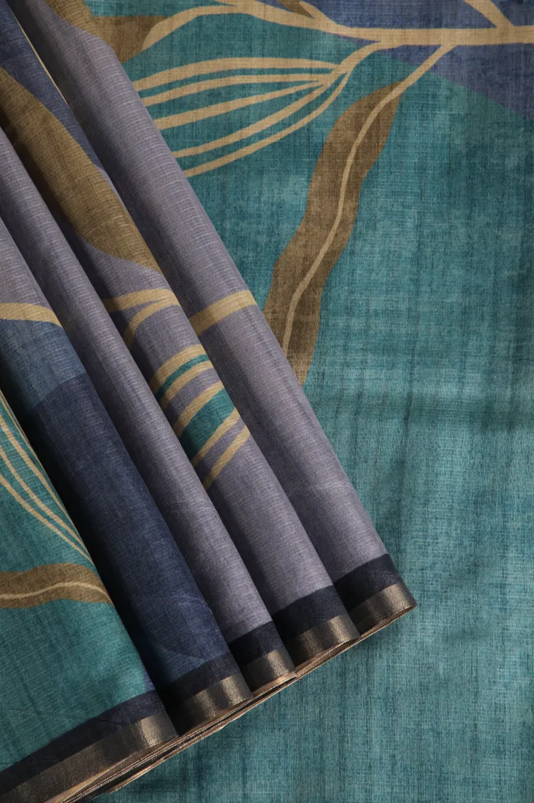Slate Blue Raw Silk Sarees Without Zari With Floral Patterns