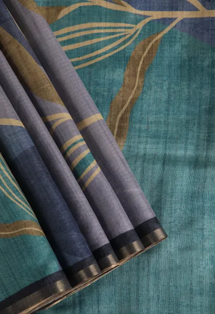 Slate Blue Raw Silk Sarees Without Zari With Floral Patterns