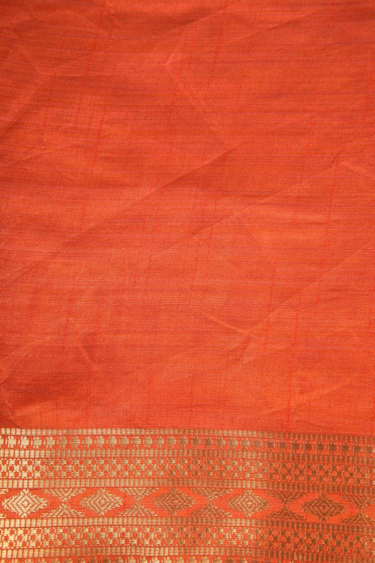 Fire Orange Semi Raw Silk Printed Gold Zari with Leaf Pattern view 3