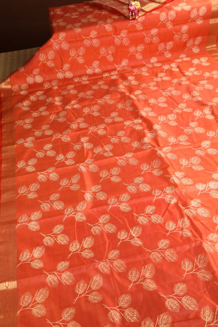 Fire Orange Semi Raw Silk Printed Gold Zari with Leaf Pattern view 2